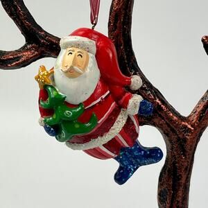 Whimsical Santa Christmas Ornament Glitter Tree & Blue Boots 4" Hanging Decor